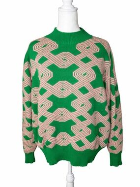 Green & Pink Geometric Crewneck Sweater - Women